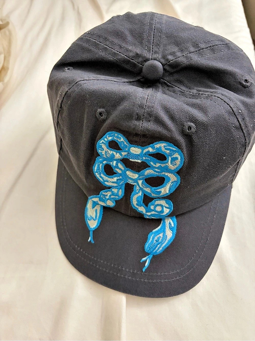 Open YY Blue Ribbon Snake Ball Cap Embroidered Snake Graphic Hat in Black & Blue